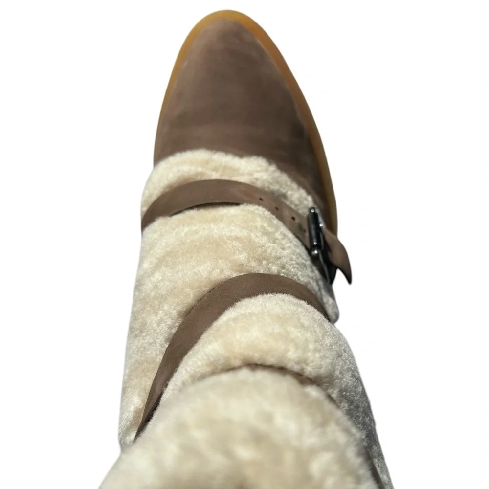 H Williams Nubuck Leather Shearling Ankle Boots Juneau Taupe Cream US 9 1/2 10